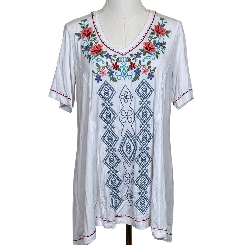 John Mark Embroidered Floral Tunic Top Womens S White Boho V-Neck Jersey Stretch